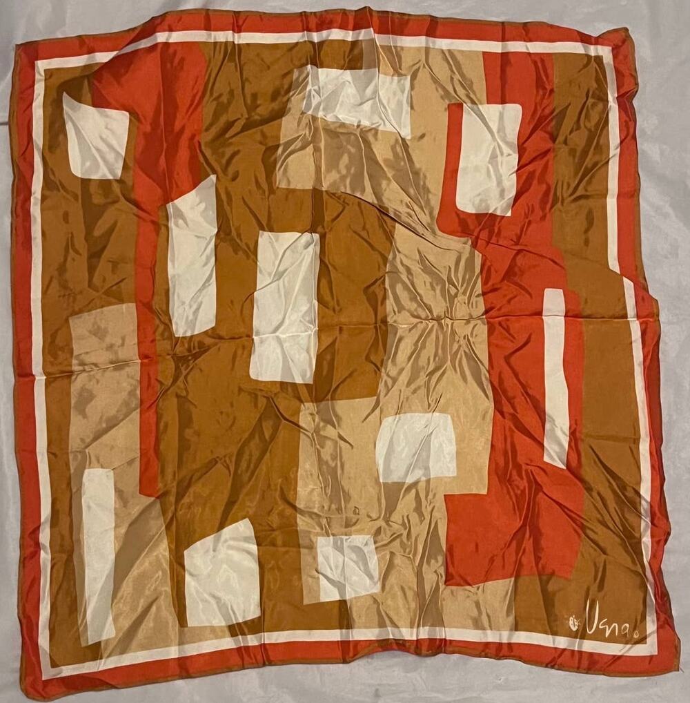 Vintage VERA Neumann Scarf ~ Ladybug Signed ~ 22" x 22" Orange/Gold Geometric